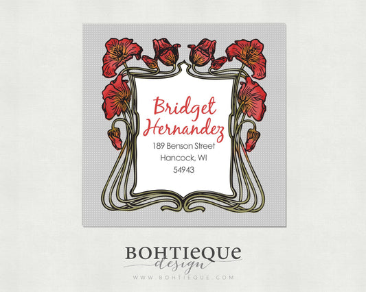 Red Poppies Grey Square Address Labels