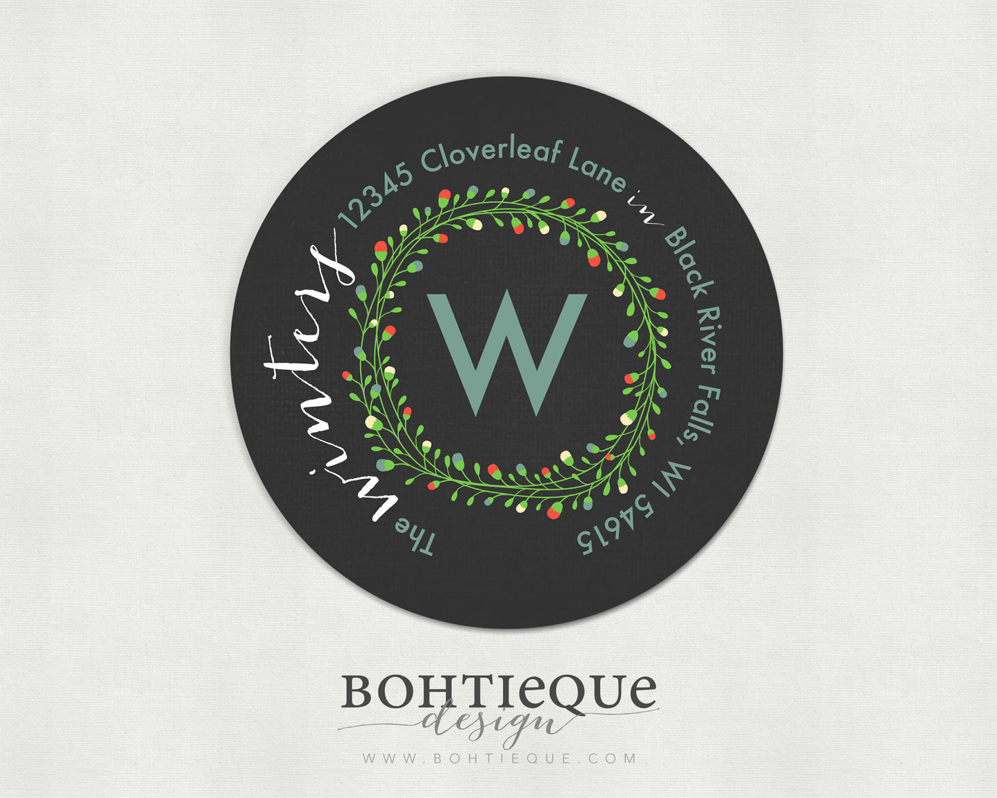 Black Calligraphy Wreath Return Address Stickers